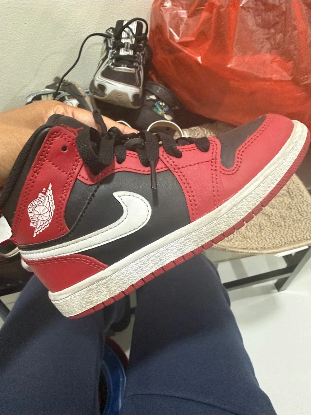 Jordan Kids Black and Red High-Top Sneakers with White Sole